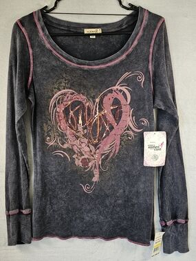 One World Sz. Medium Women's Black-Heart Long-Sleeve Top 100% Cotton Grunge